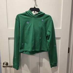 Adidas Women's Cropped Y2k Hoodie Sweatshirt Green Embroidered Flower M